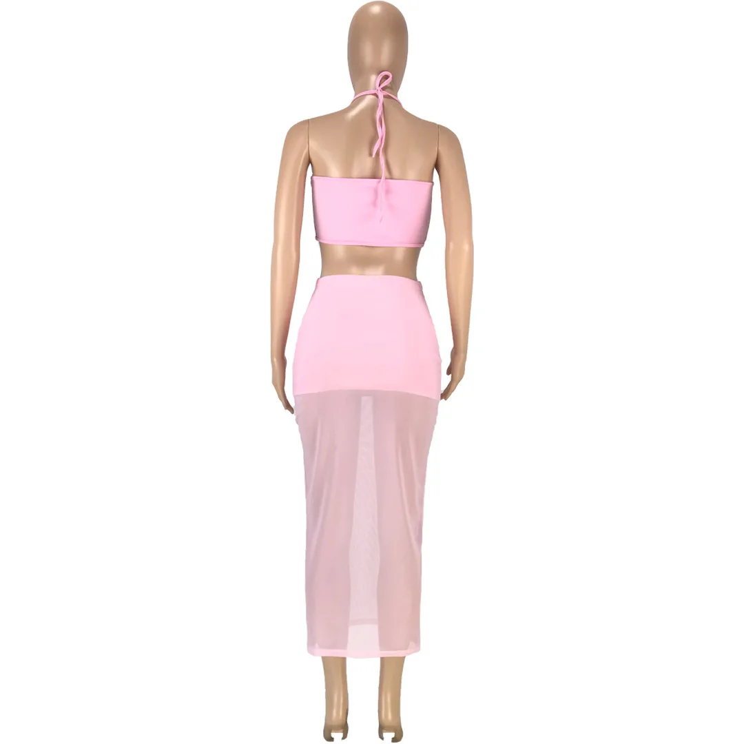

2021 Summer Women's Fashion Sexy Solid Color Stitching Mesh Tube Top Bandage Design Bag Arm Dress Two-Piece Set
