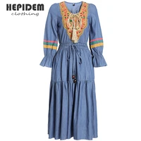 hepidem clothing elegant full sleeve a line denim dresses for women spring elastic waist female jeans dress vestidos 33201
