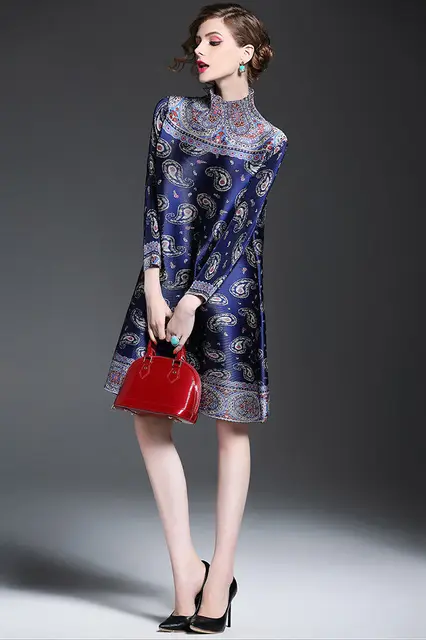 Women Dress Retro Pleated Dress 2023 Autumn New High Neck Print Middle-aged Mother Loose  MM Women's Clothing 6