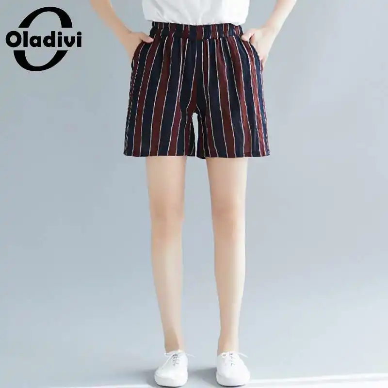 

Шорты Oladivi женские с широкими штанинами, хлопково-льняные в полоску, повседневные короткие брюки большого размера, свободные, лето 2021