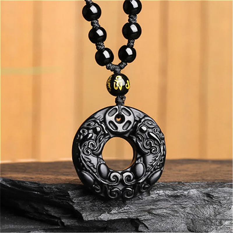 Ожерелье из натурального черного обсидиана с подвеской в виде тигра модное