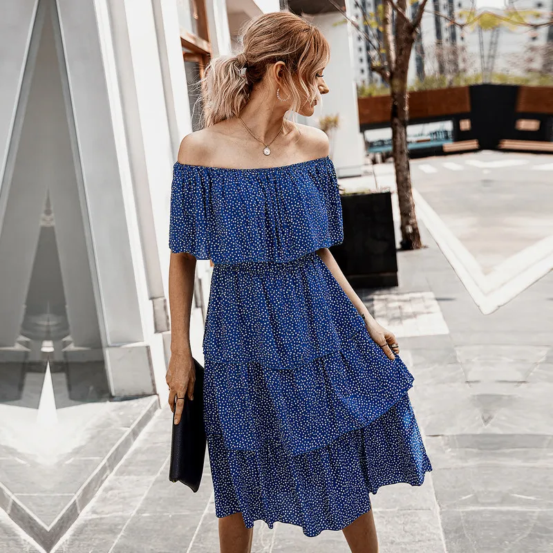 

Elegant Women's Cascading Ruffle Dot Summer Off The Shoulder Dress Ladies 2021 New High Wasit Knee-length Dress