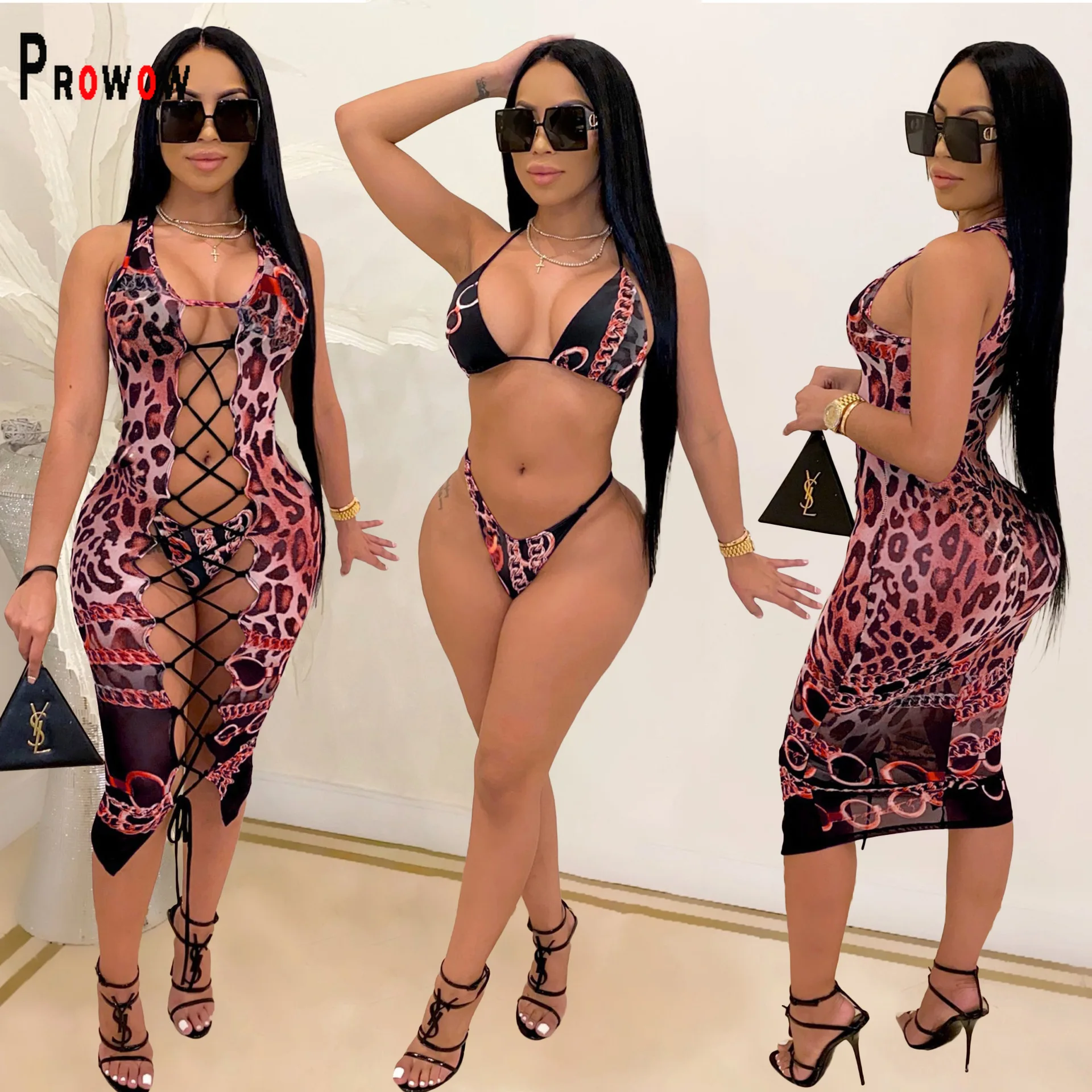 

Prowow Sexy 3pcs Women Swimsuits Leopard Print Cover-Ups Bra Thong Bikini Set 2021 New Summer Swimwear Female Bathing Suits