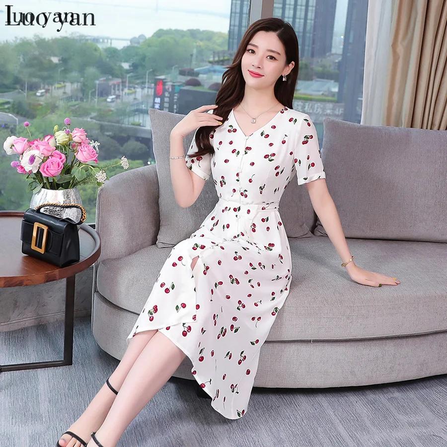 Винтажные шифоновые пляжные платья миди белого цвета с принтом летние нового