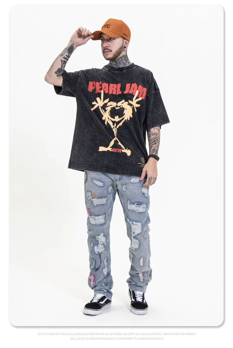 

2021 High Street Men Washing Cotton Retro Rock Band Print Streetwear Oversized T Shirts Pearl Jam Men Clothing Graphic T Shirts