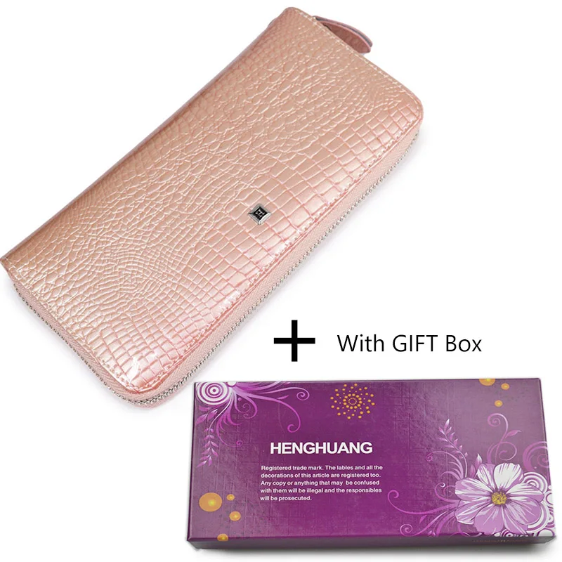 Длинный кошелек на ремешке, кошелек из натуральной кожи, женский модный кошелек на молнии, женские кошельки, держатель для карт, клатч, женские кошельки - Цвет: Pink and Box