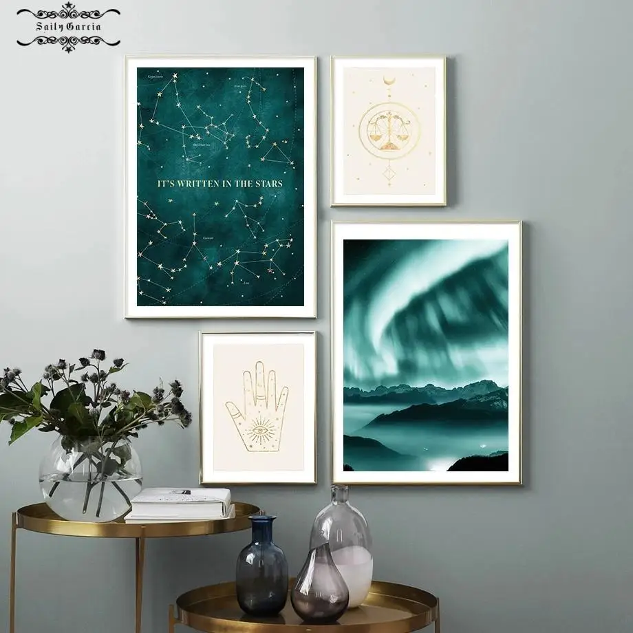 Минималистичная Золотая картина Таро гадания Canva постер с природным пейзажем