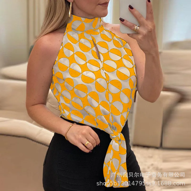 

Mandylandy T-shirt Summer Fashion Sleeveless Bandage Turtleneck T-shirt Women's Casual Printed Loose Lace-up T-shirt Top