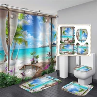 3d sunny beach printed shower curtain set waterproof sea scenery bath screen bathroom curtains non slip bath mat pedestal rug