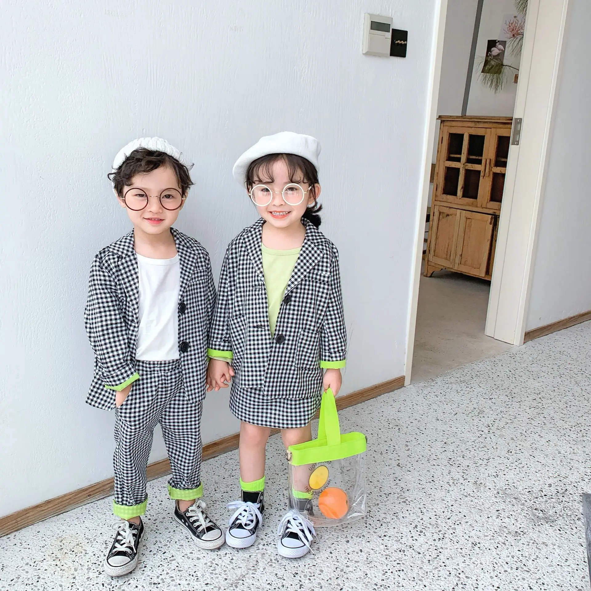 Spring boys girls fashion plaid Suits 2020 kids casual coat and pants or skirt 2pcs sets Brother sister suit | Детская одежда и