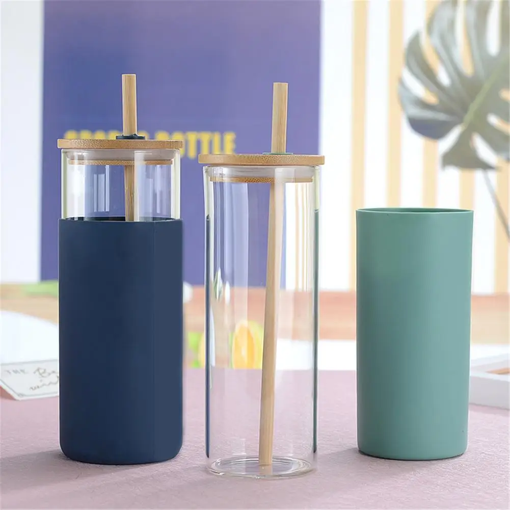 450ml Water Bottle Drink Juice Straw Cup Kettle Bamboo Cover Silicone Case Transparent Coffee Tea Drinkware | Дом и сад