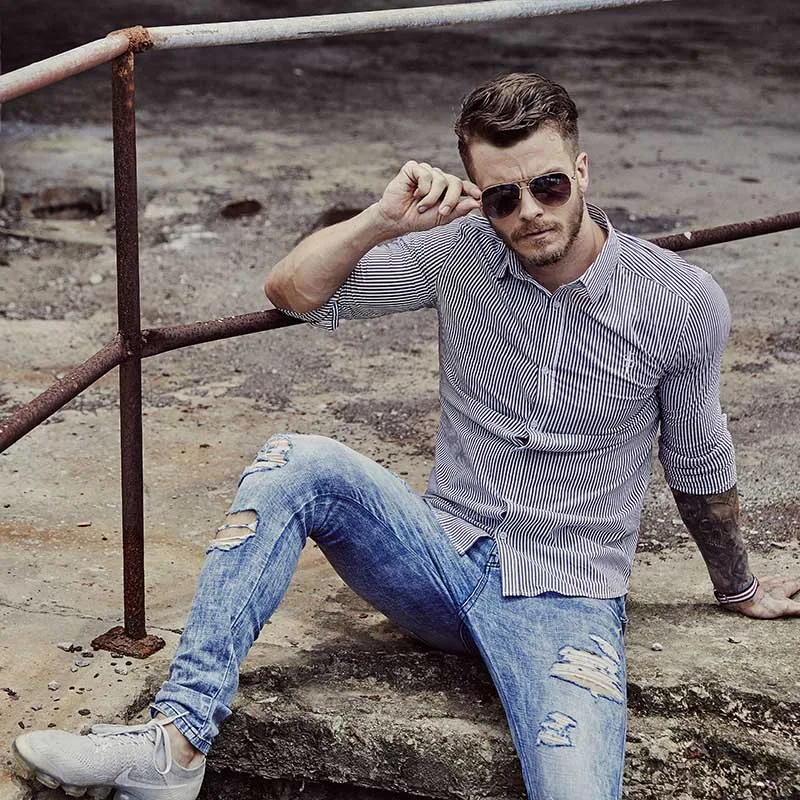 

New Casual Long Sleeve Shirt Light luxury Men's Clothing Male Slim Fit Stripes Square Collar Business Fashion Shirts Men Dress