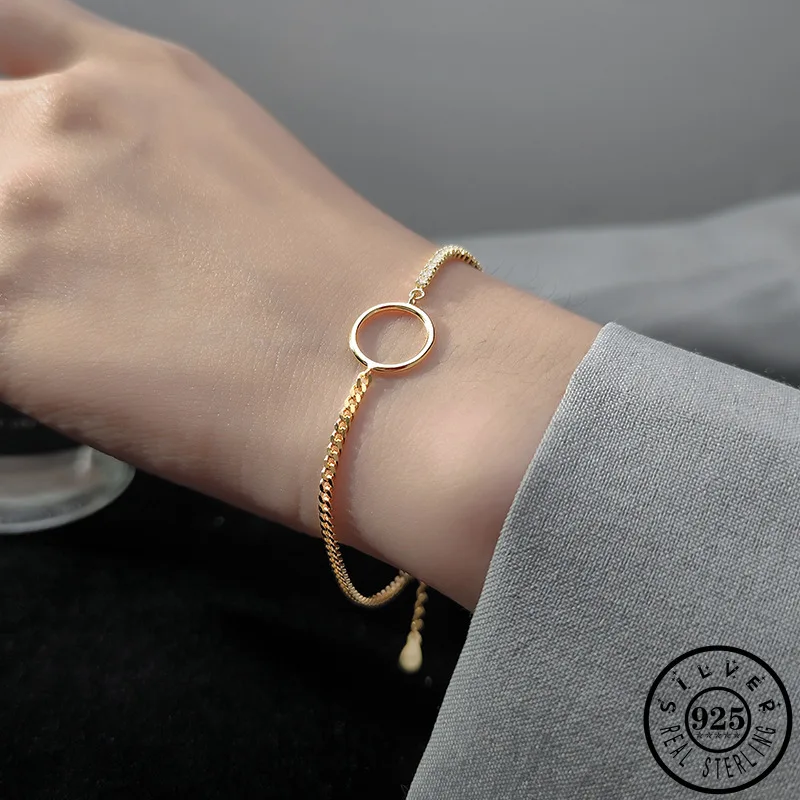 Trendy 925 Sterling Silver Geometric Round Shape Gold Color Plated Chain Statement Hand Zircon Bracelets Jewelry Gifts for Women | Украшения