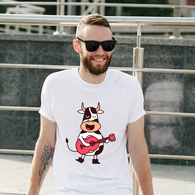 

Cow Guitar Cartoon Personalized Cartoon Tops Oversized Cotton Tops T Shirt Unique Anime Pattern Tees Anti Wrinkle