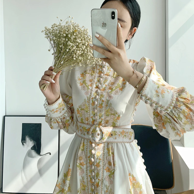 

New Spring Autumn Women Long Sleeve Dress High Quality Retro Court Style Flowers Print A-Line Slim Mini Dress Send The Belt
