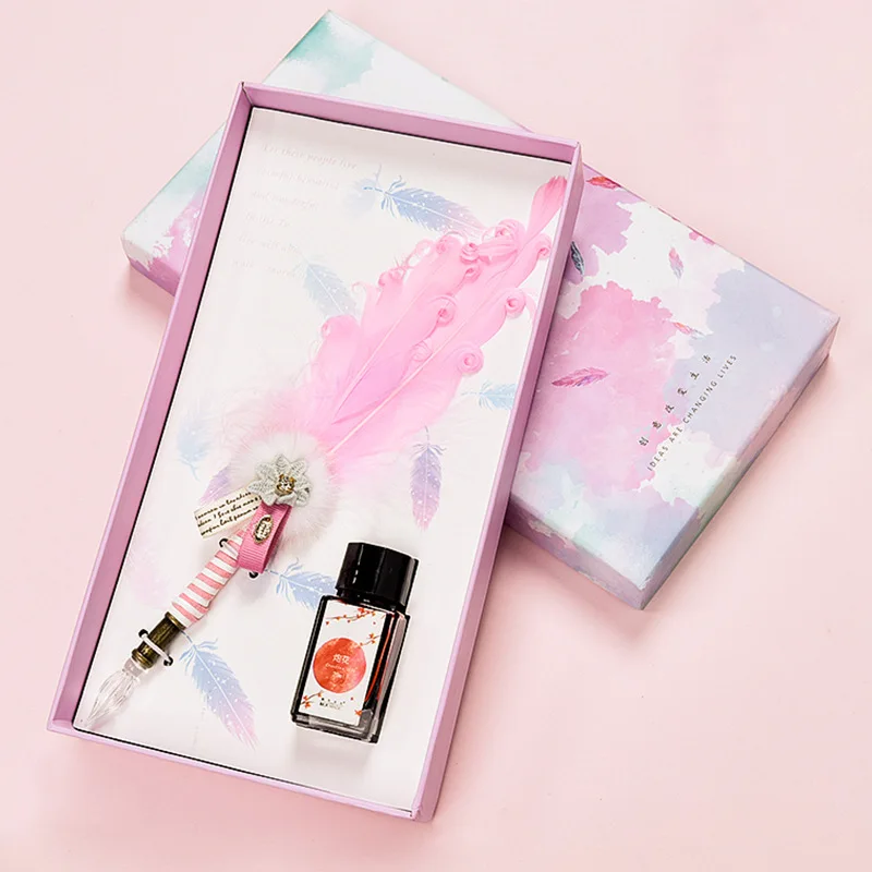 

Creative Dip Pen Set Handmade Glass Pen Feather Pen Gift Box Crystal Ink Stationery Gift Gift art supplies