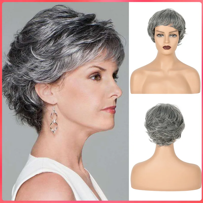 

Ladies Short Grey Wavy Wig Synthetic Wig With Bangs Looking Nature Daily Party Use For Women