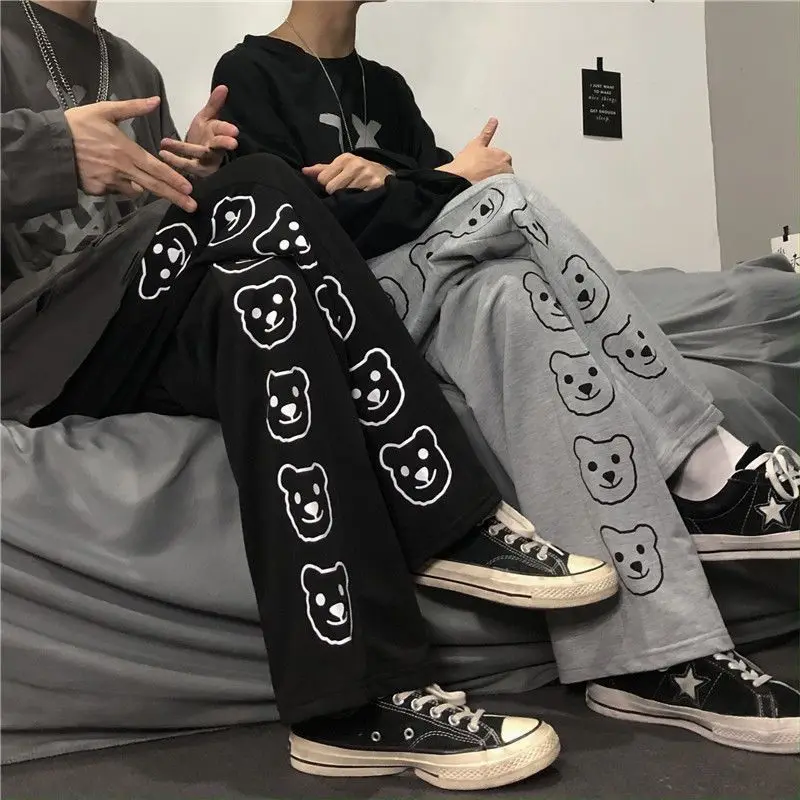 

Bear Printed Sweatpants Men Women 2021 New Spring Kawaii Loose Straight Wide Leg Pants High Waist Casual Black Sports Trousers