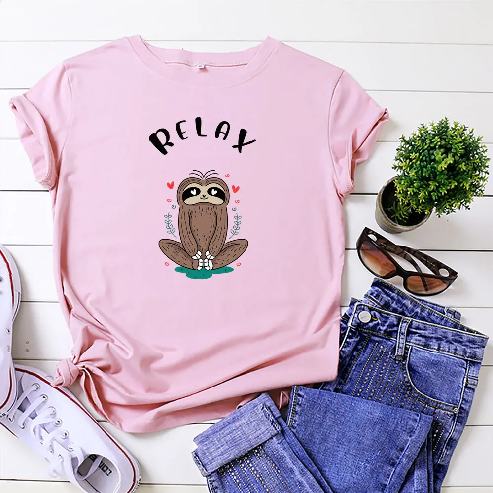 MK 100% Cotton RELAX Sloth Printed Short-Sleeved T-Shirt for Ladies Summer Tshirts Oversized S-XXL O-Neck Tops Tees | Женская одежда