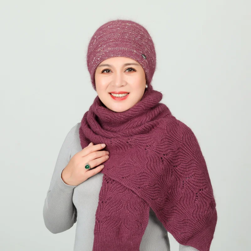 Rabbit Hair Knitted Wool Cap Middle Aged Elderly Warm Plus Velvet Scarf Mothers Birthday Present Elegant Flower Ladies Hat | Аксессуары