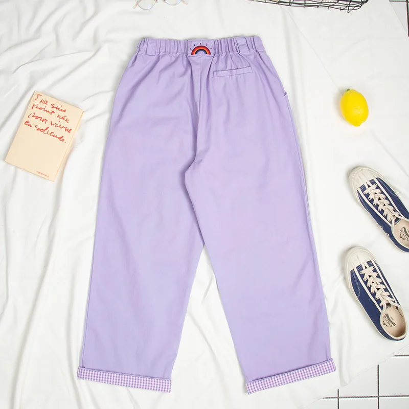 Милые фиолетовые брюки в стиле Харадзюку для женщин милые винтажные клетчатые