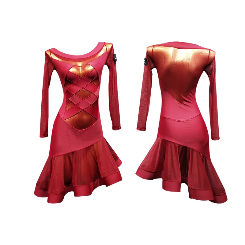 

Latin Dance Dress Female Adults Red Sexy Mesh Seethrough Performance Clothes Rumba Cha Cha Samba Tango Women Dancewear DN5317