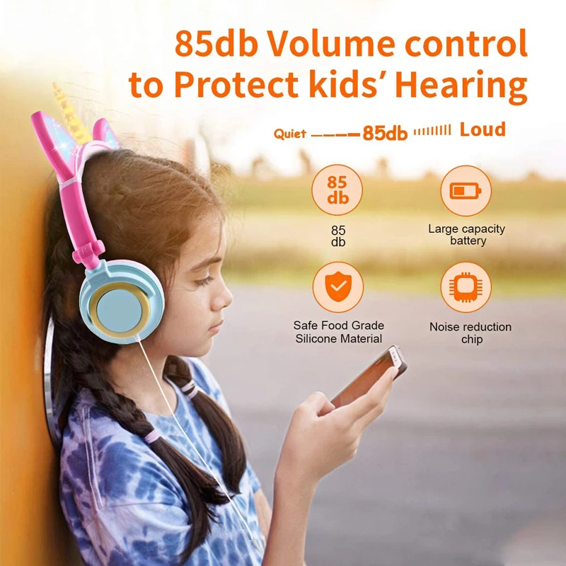 Наушники кошачьи уши с единорогом для девочек гарнитура со светодиодсветильник