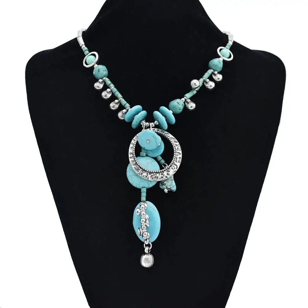 

New Vintage Bohemia Style Calaite Turquoises Stone Round Beads Long Chain Necklace Women Statement DIY Jewelry Party Jewelry