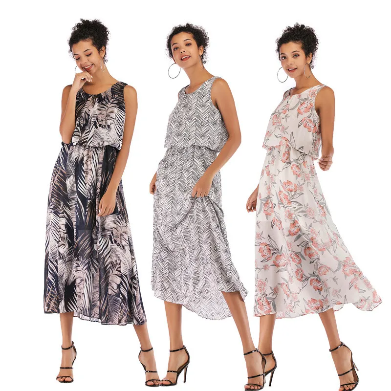 

Summer Bohemian dress chiffon print round collar draw pleated vest dress European and American women