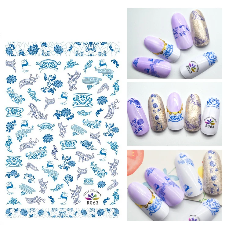 

3D Stickers for Nails Blue Flower Nail Sticker Slider Foil Decals Nail Art Decorations Manicure Accessories