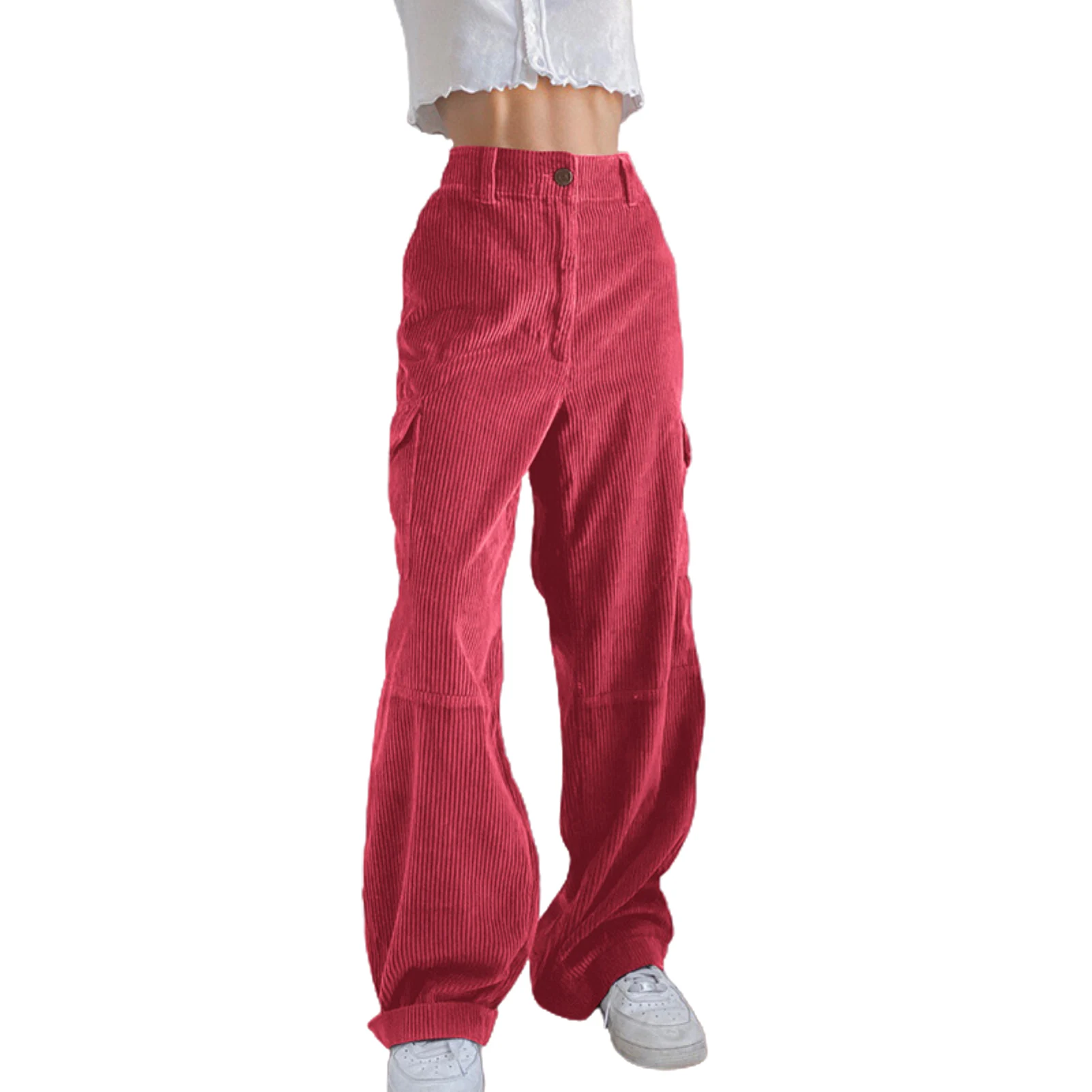 

Pink Corduroy Straight Pants Capri with Strips Loose High Waist Woman Pants Casual Autumn Winter Ladies Trousers 2019
