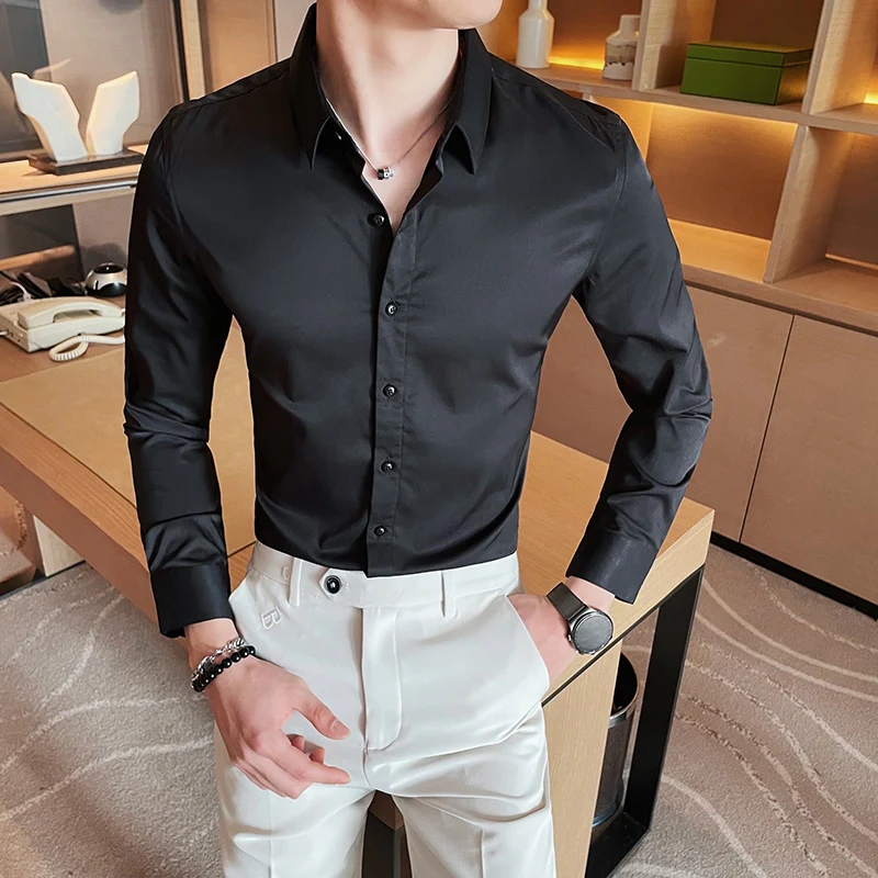 

4XL-M Spring New Solid Long Sleeve Shirts for Men Clothing 2021 Non-Iron Anti-Wrinkle Slim Fit Casual Office Blouse Homme Sale
