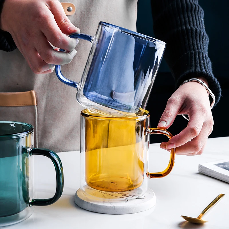 

350ml Double Wall Insulated Glass Mug With Handle Water Cup Coffee Tea Drinks Double-Layer Glasses Mugs Beer Mug