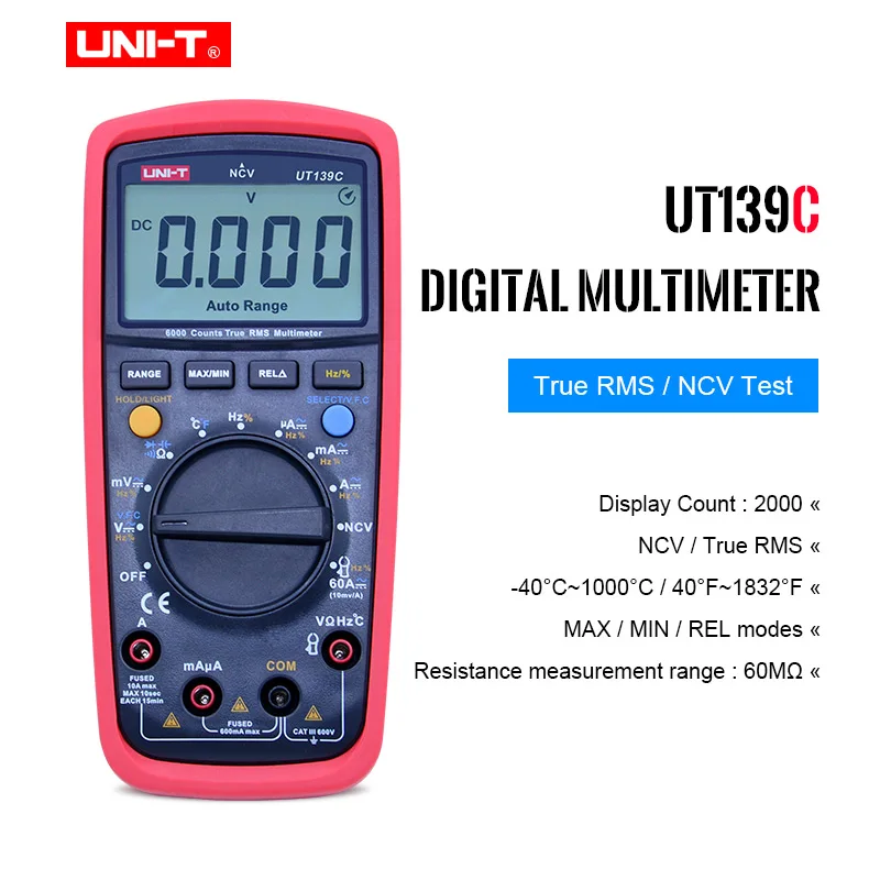 

Цифровой мультиметр UNI-T UT139C, измеритель True RMS, ручной тестер, 6000 отсчетов, вольтметр с автоматическим выбором диапазона, тестер температуры, ...