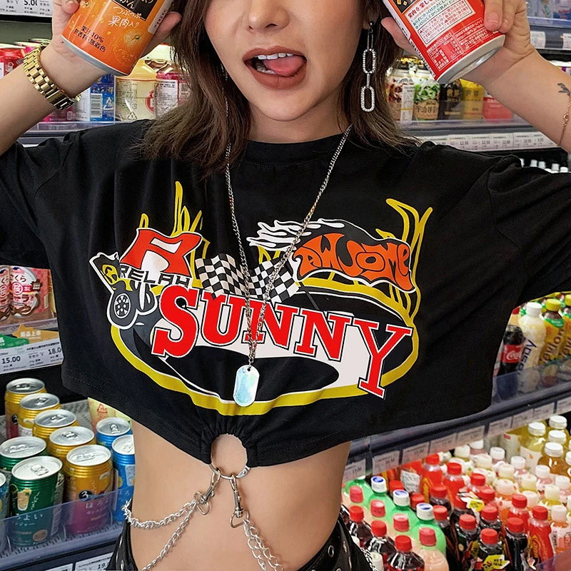 Панк декоративная металлическая цепь хлопковые топы женские футболки лето 2019