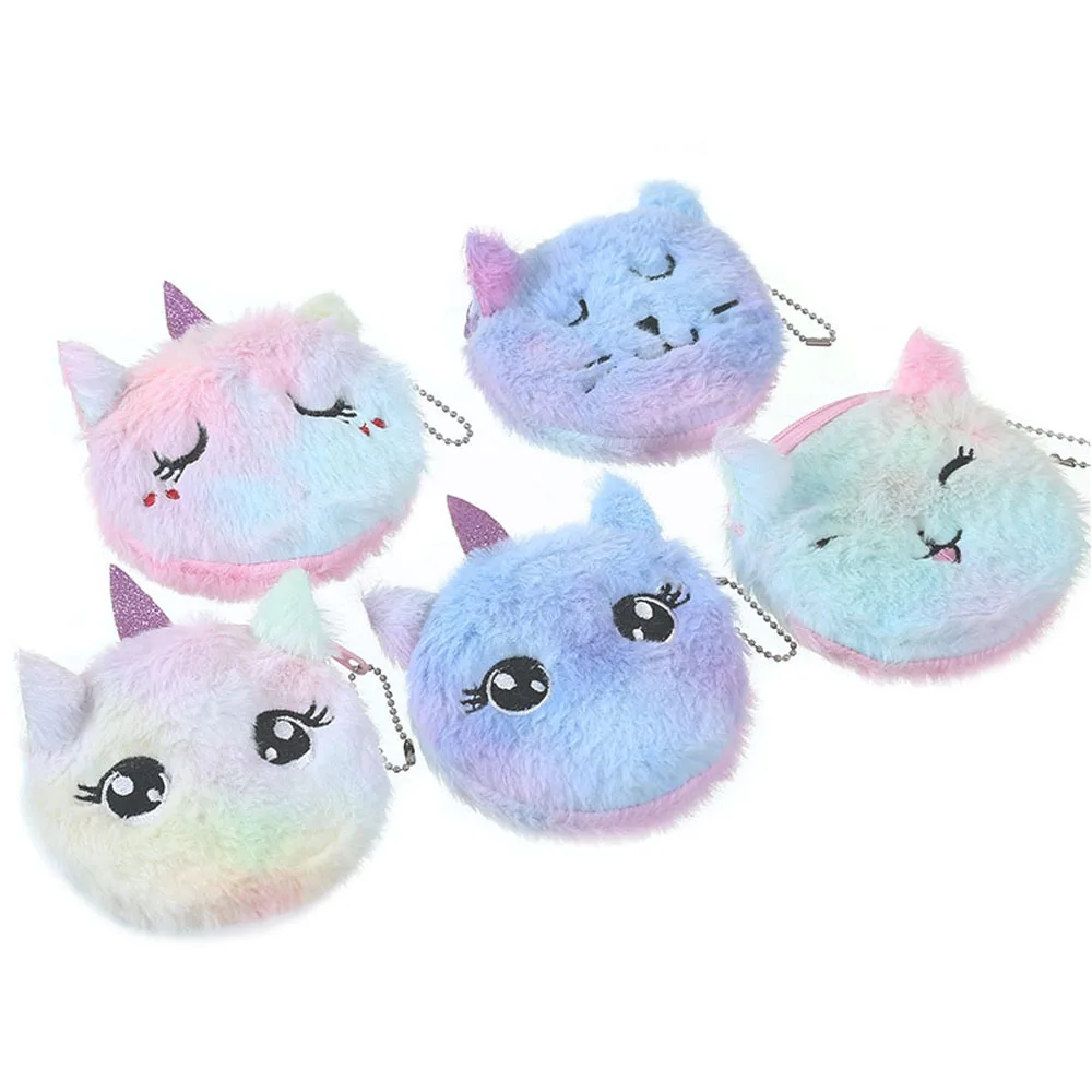 Cute Cartoon Plush Unicorn Coin Purse Cat Fur Circle Wallet Girl Clutch Embroidered Bag Key Earphone Organizer Bags Kids Gift