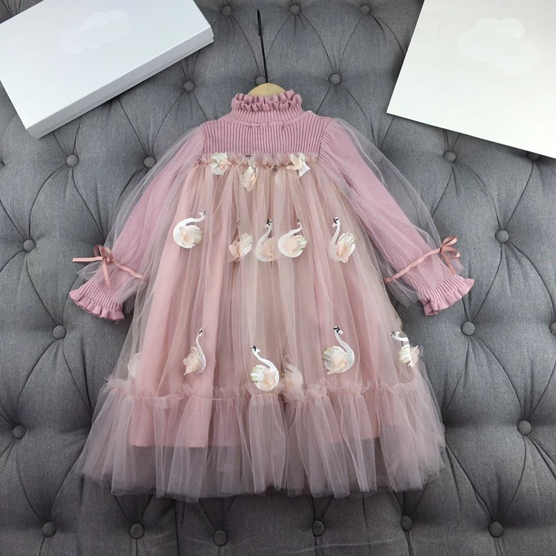 Pink Роскошное платье для девочек; теплые зимние рождественские платья; платье с вышитым лебедем; Сетчатое платье; Одежда для девочек; платье-пачка принцессы - Цвет: Pink