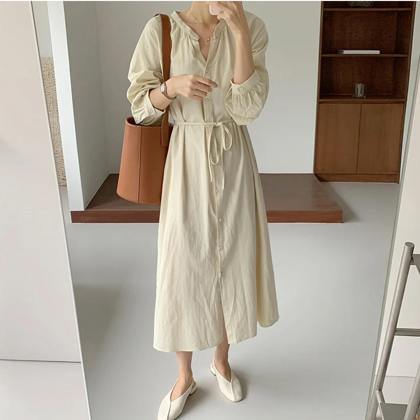 

Korean Chic French Minority Autumn Loose Slimming Lantern Sleeves Single-Breasted Mid-Length High Waist Shirt Dress