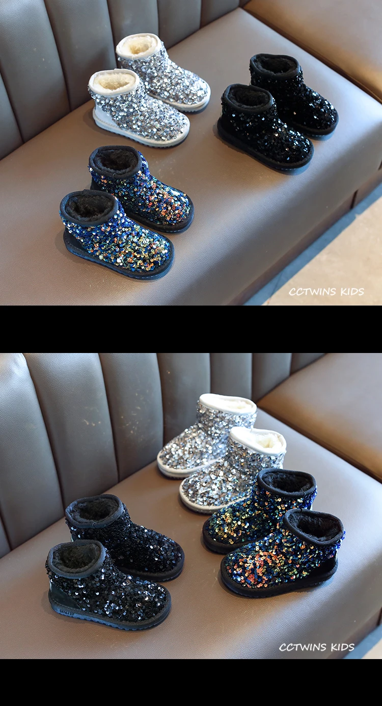 CCTWINS Kids Shoes Winter Girls Fashion Sequin Snow Boots Children Black Sparkly Short Boot for Toddler Glitter Shoe SNB095