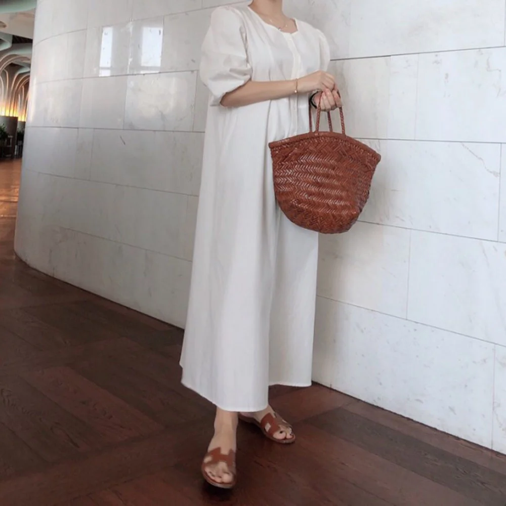 

Japanese Style 2021 Women's Dress Summer Korean Fashion Loose Casual Simple Solid Color Single-breasted Round Neck Puff Sleeve
