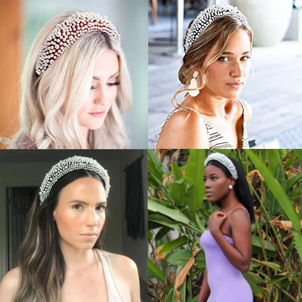 

Velvet Padded White Pearl Headband for Women Thick Sponge Hair Band Bridal Wedding Hair Accessories