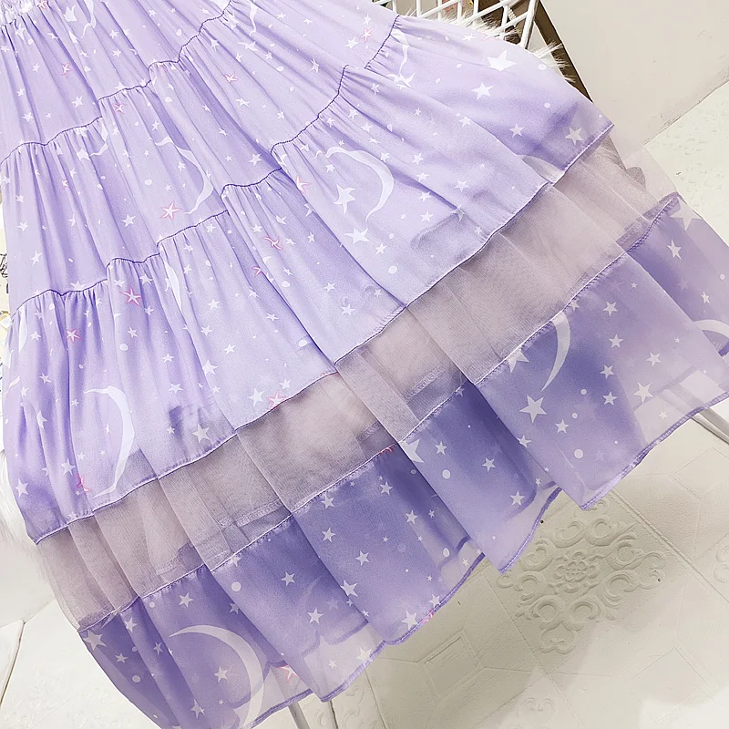 

2021 New Summer Trend Mesh Skirt Office Lady Star Moon Print Blue Sky Gasuze Patched Layered Skirt A Line Dress Women