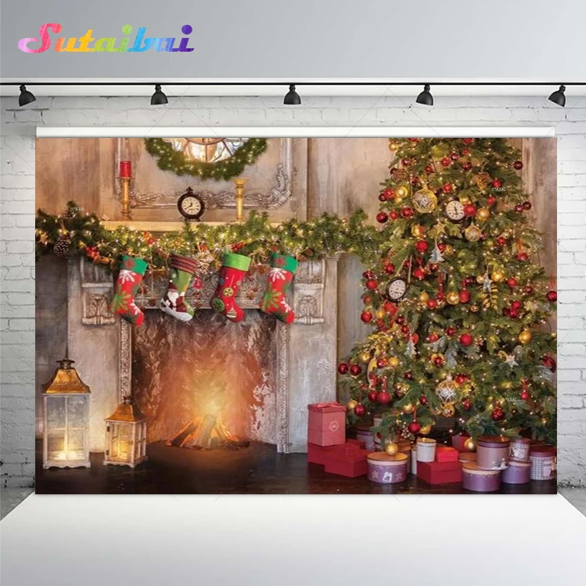 

2021 Merry Christmas Backdrop for Photography Fireplace Socks Trees Wreath Gifts Happy New Year Indoor Decoration Background