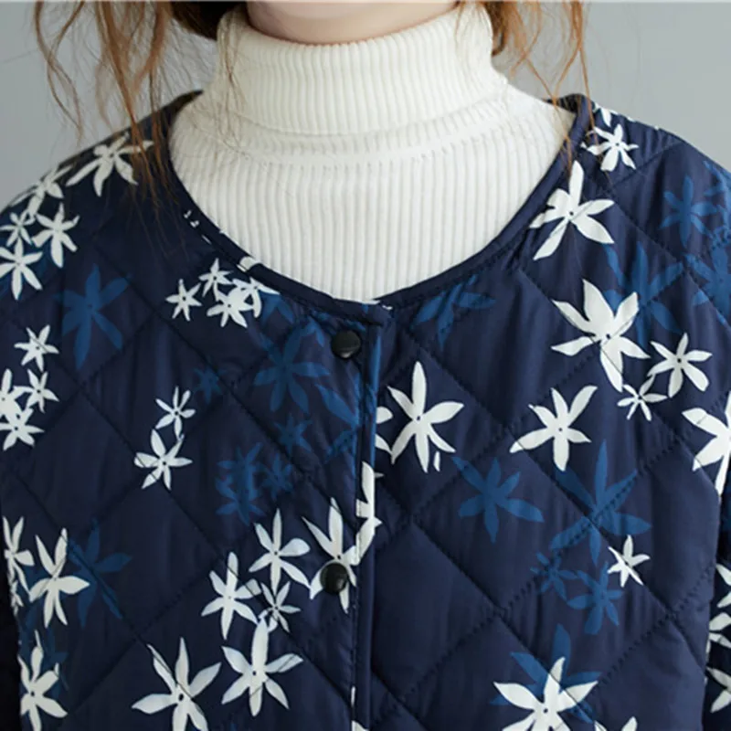 

YourSeason New Warm Ladies Floral Print Loose Jackets 2021 Winter Spring Casual O Neck Women Single Breasted Blue Coats
