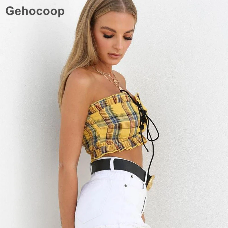 

Women's Tube Top Retro Plaid Sexy Navel Bandage Sleeveless Ladies Clubwear Summer Bustier Wrapped Vest Women Clothes Tank Tops