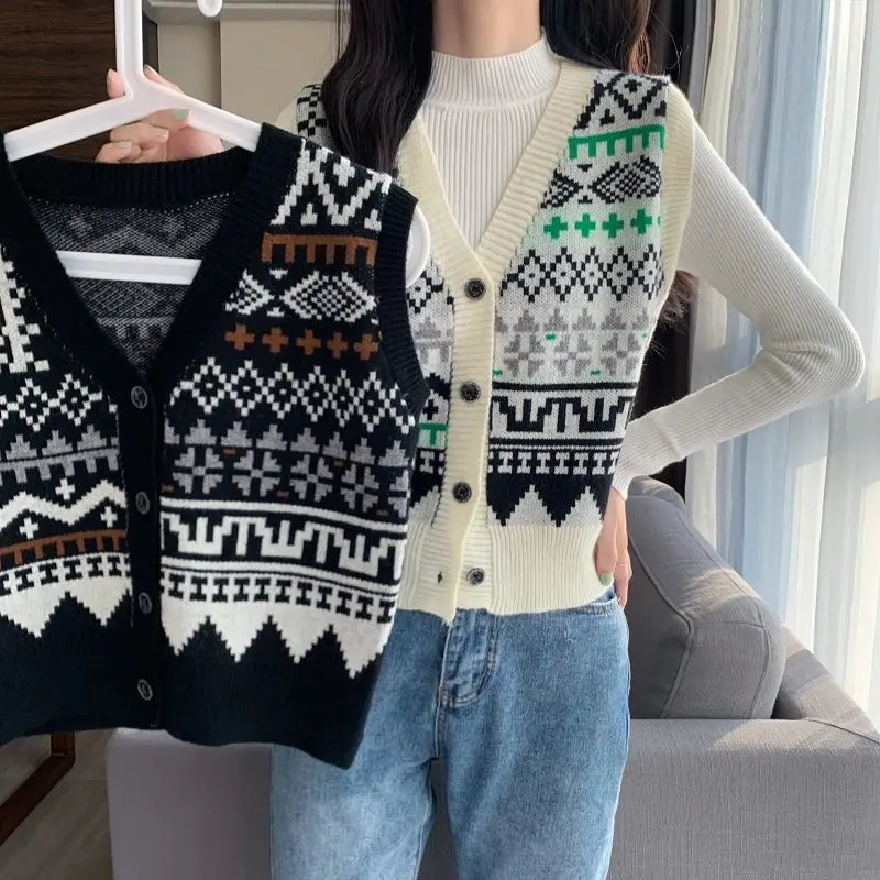 

Korean Vintage Sweater Loose Single Breasted V-neck Knit Vest Jacquard Oversized Tank Top Sweaters Fall Fashion Cardigan X259