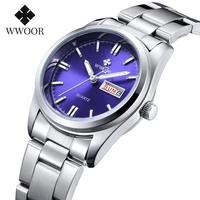 wwoor simple design classic women full silver steel quartz fashion waterproof ladies watches blue dial casual dress wrist watch