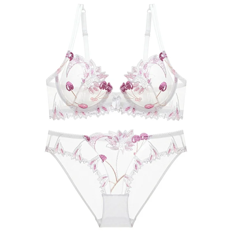 

Embroidered Mesh Ultra-thin Sexy Temptation Hollow Sponge Bra Bra Set T Pants Women