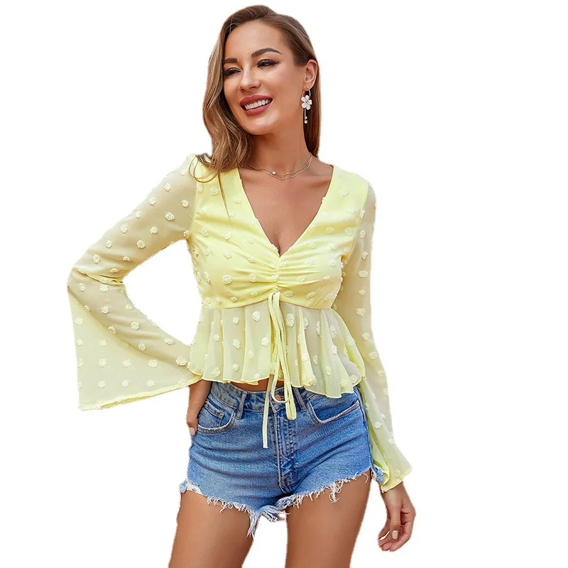 

2021 Trend Yellow Crop Top Female Lace Up Woman Tshirts Feminina Ruffles Folds Long Sleeve Tees Vintage Super Short Women Shirts