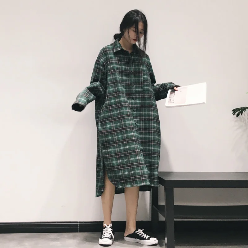 

SuperAen 2021 Autumn Clothes New Oversize Plaid Loose Turn Down Collar Long Casual Women Shirts